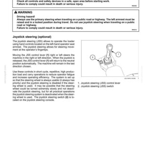 May include: A technical manual page titled 6-WORKING OPERATIONS detailing joystick steering operation. It includes two warning boxes, descriptive text, and a line drawing of a joystick control lever labeled 1 and a steering switch labeled 2.