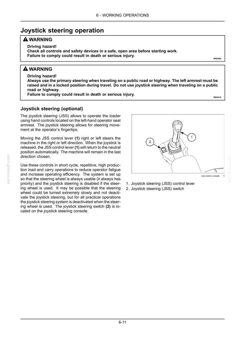 May include: A technical manual page titled 6-WORKING OPERATIONS detailing joystick steering operation. It includes two warning boxes, descriptive text, and a line drawing of a joystick control lever labeled 1 and a steering switch labeled 2.