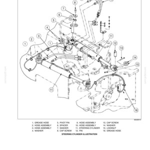 May include: An engineering diagram of a steering cylinder assembly, featuring various components like hoses, washers, and a steering cylinder. The illustration is labeled with numbered parts and includes the text "STEERING CYLINDER ILLUSTRATION".