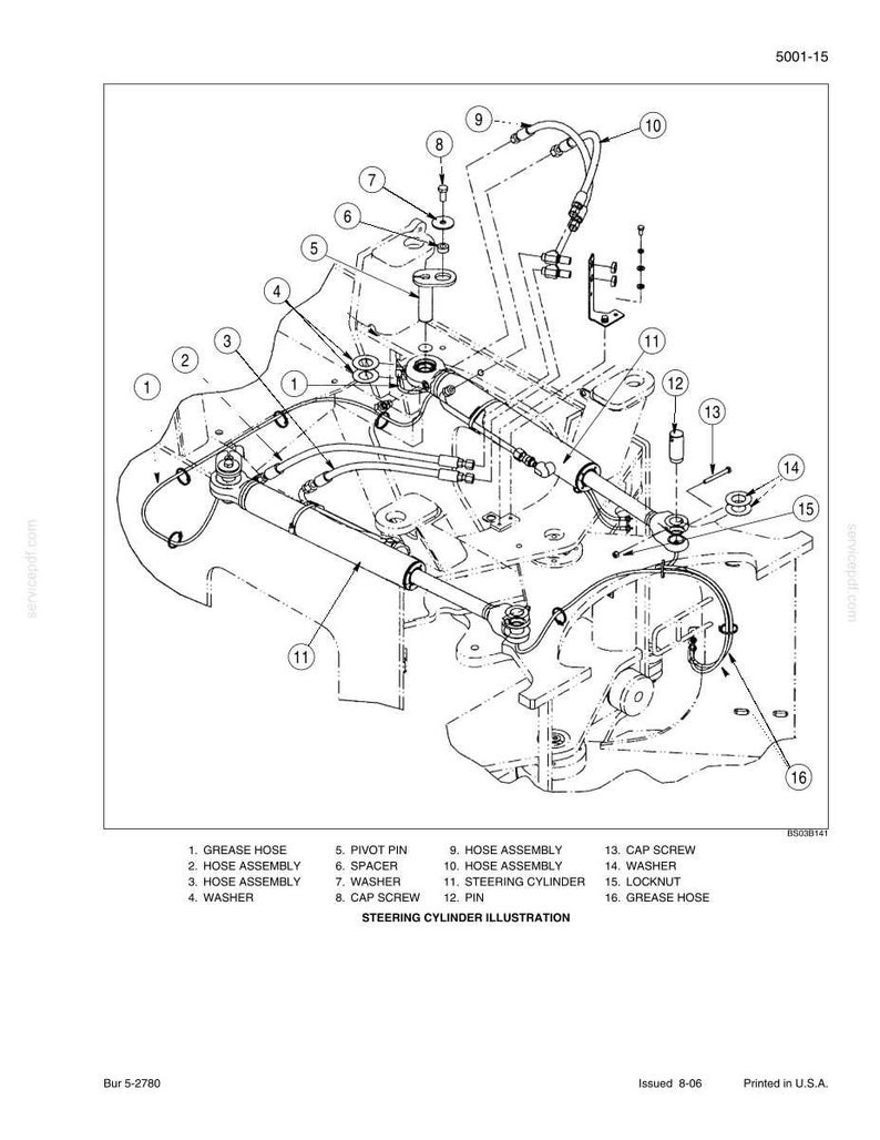 May include: An engineering diagram of a steering cylinder assembly, featuring various components like hoses, washers, and a steering cylinder. The illustration is labeled with numbered parts and includes the text "STEERING CYLINDER ILLUSTRATION".
