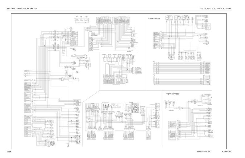 Puede incluir: Un diagrama detallado del sistema el&eacute;ctrico, con intrincados esquemas de cableado y etiquetas. El diagrama se divide en secciones, incluyendo el mazo de cables de la cabina y el mazo delantero. El texto "SECTION 7 - ELECTRICAL SYSTEM" est&aacute; en la parte superior.