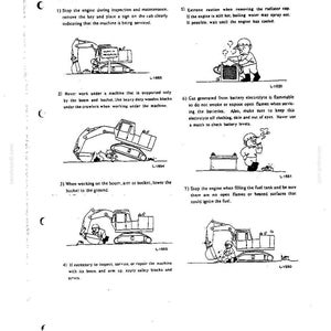 May include: A technical document page titled Safety Precautions for Preventive Maintenance, featuring seven black and white line art illustrations of construction machinery and operators, accompanied by numbered safety instructions for heavy equipment.