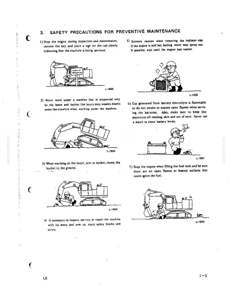 May include: A technical document page titled Safety Precautions for Preventive Maintenance, featuring seven black and white line art illustrations of construction machinery and operators, accompanied by numbered safety instructions for heavy equipment.
