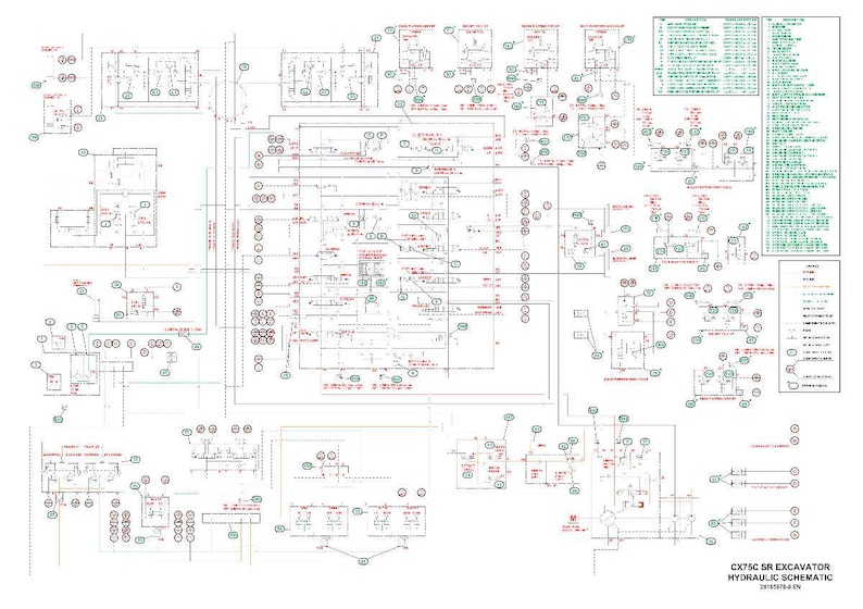 Puede incluir: Esquema hidr&aacute;ulico detallado para una excavadora CX75C SR. El diagrama es complejo, con numerosas l&iacute;neas, c&iacute;rculos y s&iacute;mbolos interconectados en negro, rojo y verde sobre un fondo blanco. Se incluyen etiquetas de texto y una leyenda.