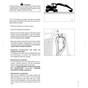 May include: Page from a maintenance manual detailing the air conditioning system, with diagrams of a machine and its components. Includes safety warnings and instructions for checking the system, including refrigerant leaks and the condenser.