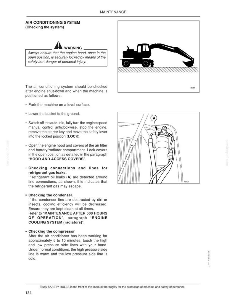 May include: Page from a maintenance manual detailing the air conditioning system, with diagrams of a machine and its components. Includes safety warnings and instructions for checking the system, including refrigerant leaks and the condenser.