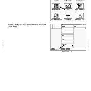 Może przedstawiać: Strona instrukcji technicznej zatytułowana SETUP - 3 przedstawiająca dwa interfejsy ekranowe. G&oacute;rny ekran wyświetla ikony Toolbox, Diagnostics, Remote Valves, Performance, Run, Work Condition, Data Management, Calibration oraz Electronic EOR. Dolny ekran pokazuje menu profilu z polami Grower, Tag, Farm, Field, Task i Crop Type oraz przyciskami nawigacyjnymi Back, Profile, Sum1 i Sum2.