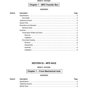 May include: A page from a manual with the title "SECTION 23 - MFD TRANSFER BOX" and "SECTION 25 - MFD AXLE". The contents include specifications, descriptions, and page numbers. The text is in black on a white background.