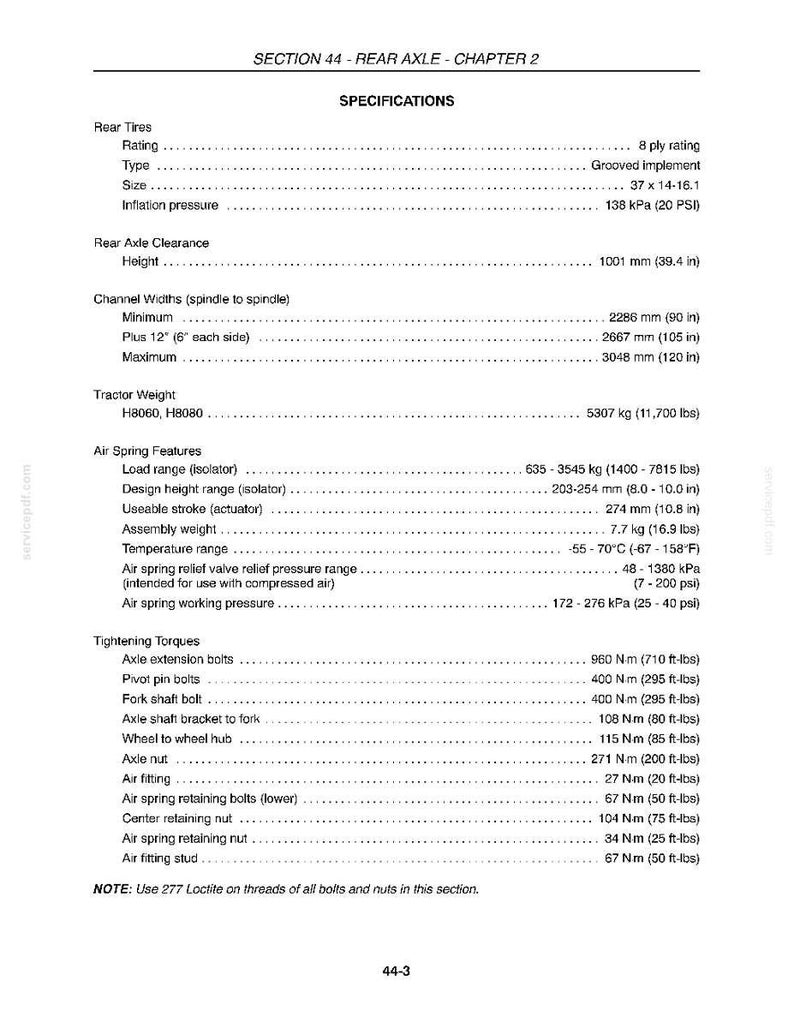 May include: A detailed technical document titled "SECTION 44 - REAR AXLE - CHAPTER 2" with specifications for rear tires, axle clearance, and air spring features. Includes measurements in inches, pounds, and PSI.