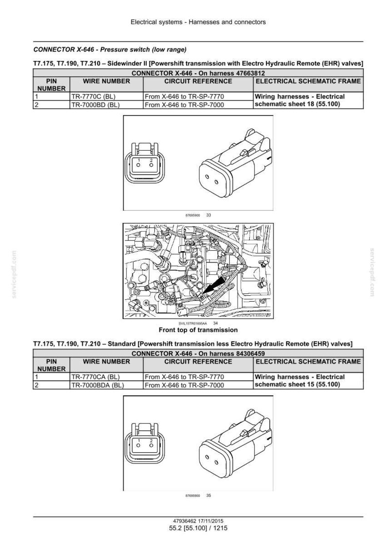 May include: Diagram of electrical connectors and wiring schematics for a pressure switch, including pin numbers, wire numbers, and circuit references. The image includes diagrams of the connectors and their placement.