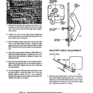 May include: Diagram illustrating throttle and shutoff cable adjustments for a tractor engine. Features labeled components such as the throttle rod and adjustment screws, with instructions and measurements in millimeters.