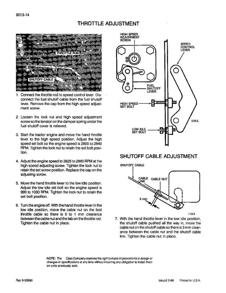 May include: Diagram illustrating throttle and shutoff cable adjustments for a tractor engine. Features labeled components such as the throttle rod and adjustment screws, with instructions and measurements in millimeters.