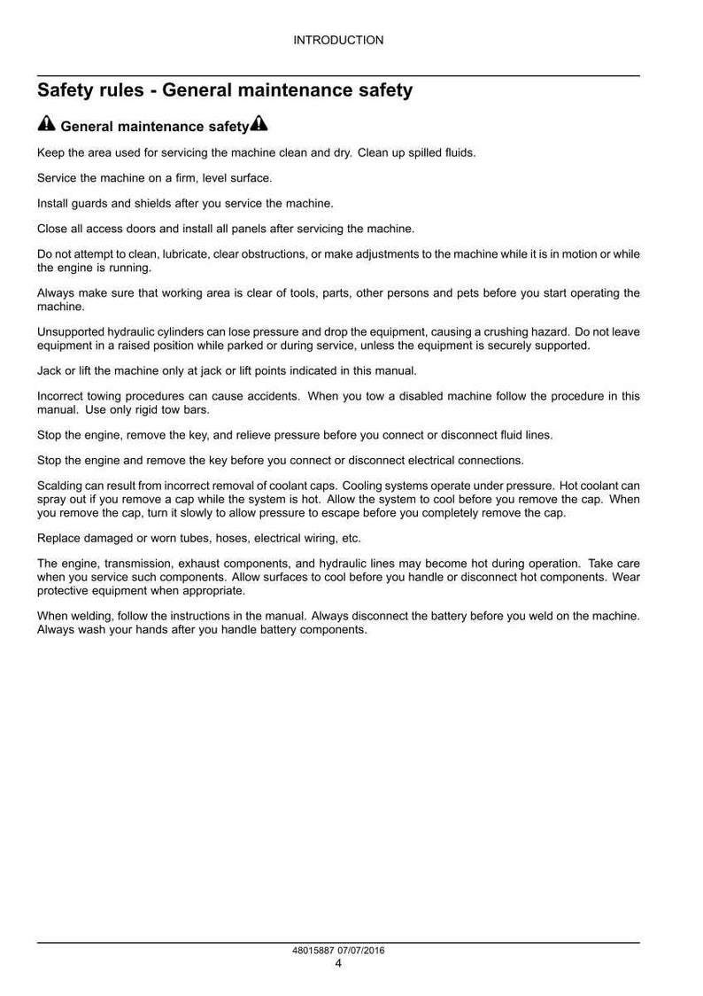May include: A page from a manual with the title "Safety rules - General maintenance safety." The text provides instructions on maintaining machinery, including cleaning, servicing, and safety precautions. The document includes a date and page number.
