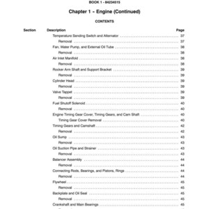 May include: A page from a manual titled "SECTION 10 - ENGINE" with a table of contents. The table lists engine components like the "Cylinder Head" and "Flywheel" with corresponding page numbers. The book's number is 84234515.
