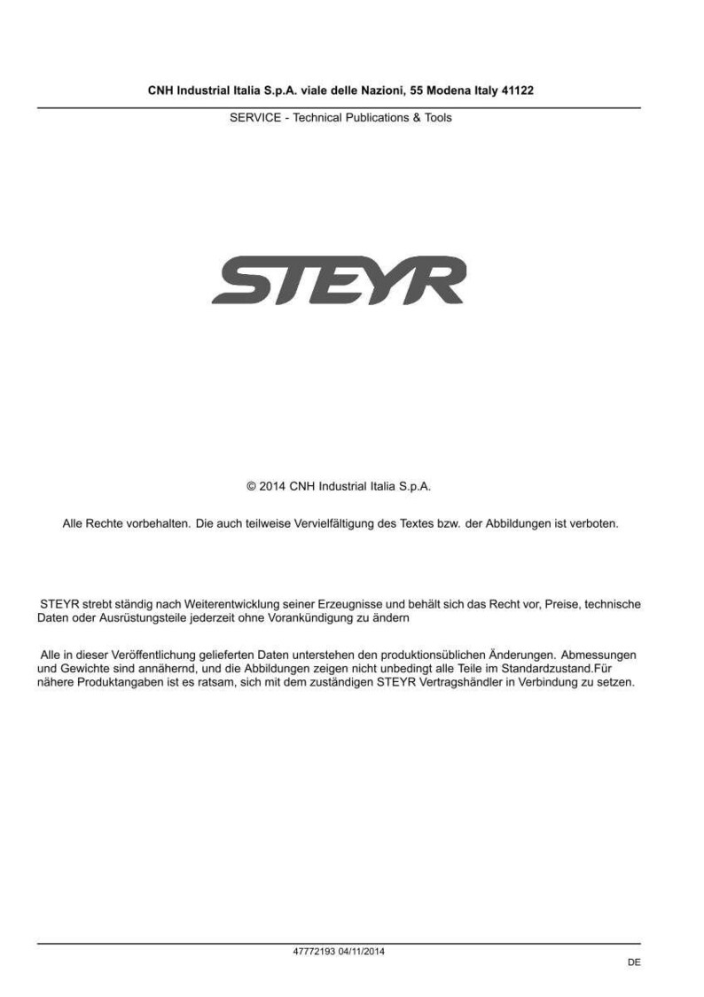 May include: A technical document cover page featuring the STEYR logo in bold black text. The header displays CNH Industrial Italia S.p.A. address information, while the footer includes the document code 47772193 and the date 04/11/2014.