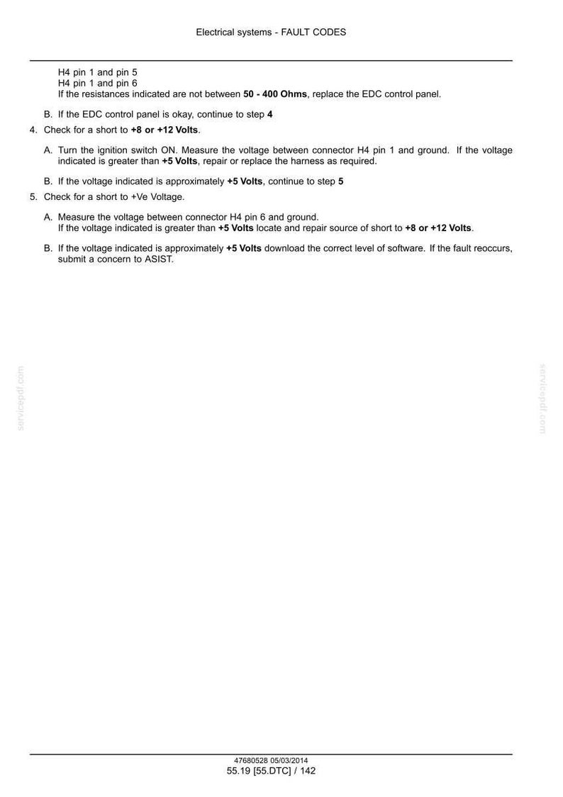 May include: A white document with the title "Electrical systems - FAULT CODES" and troubleshooting steps for electrical systems. Includes instructions for checking voltage and shorts, with technical terms and measurements.