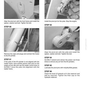 May include: Illustrated instructions for machinery assembly, featuring close-up images of mechanical components. Steps include aligning pivot pins, installing spacers, washers, and bolts, and connecting hoses. Text instructions accompany each step.
