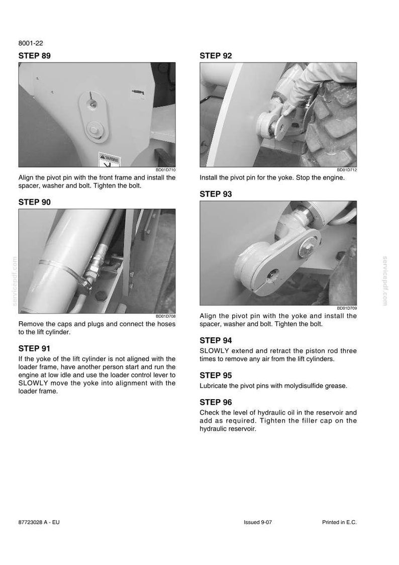 May include: Illustrated instructions for machinery assembly, featuring close-up images of mechanical components. Steps include aligning pivot pins, installing spacers, washers, and bolts, and connecting hoses. Text instructions accompany each step.