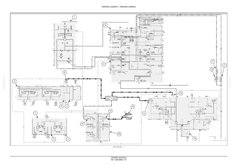 May include: A detailed technical diagram of a hydraulic system, rendered in black and white. The diagram includes various components, lines, and labels, illustrating the system's functionality. The text "Hydraulic systems" is at the top.