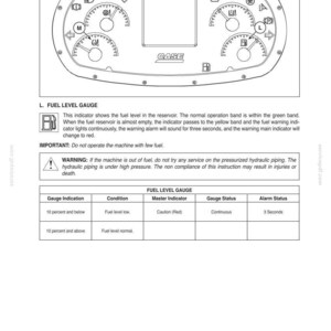 May include: Black and white diagram of a CASE instrument panel with gauges and a central display. Text includes "FUEL LEVEL GAUGE" and warnings about low fuel levels. The image is from Chapter 3.