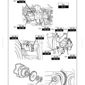 May include: Diagram of a hydraulic system with tightening torques in Nm and lbs. ft. The diagram includes various components with labeled torque specifications, such as 50-62 Nm (37-46 lbs. ft) and 23-29 Nm (17-21 lbs. ft).