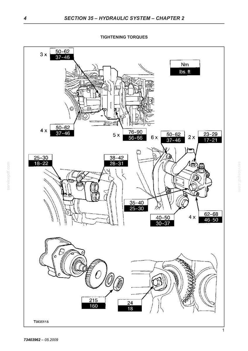 May include: Diagram of a hydraulic system with tightening torques in Nm and lbs. ft. The diagram includes various components with labeled torque specifications, such as 50-62 Nm (37-46 lbs. ft) and 23-29 Nm (17-21 lbs. ft).