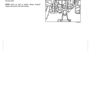 Puede incluir: Diagrama del punto de elevaci&oacute;n trasero de un tractor, titulado "Rear Jacking Point (Under Drawbar Support)". Incluye notas de seguridad sobre el bloqueo de neum&aacute;ticos y el uso de gatos.