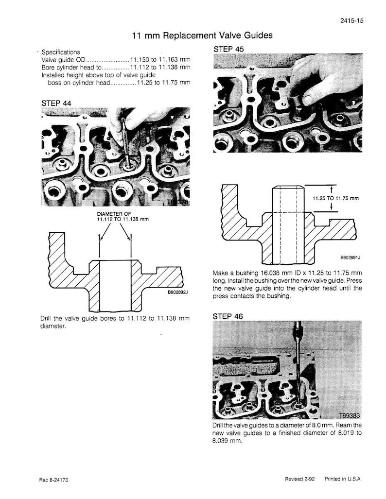 May include: Technical diagram for 11 mm replacement valve guides. Includes diagrams, specifications, and step-by-step instructions for valve guide replacement. Measurements are in millimeters and inches.