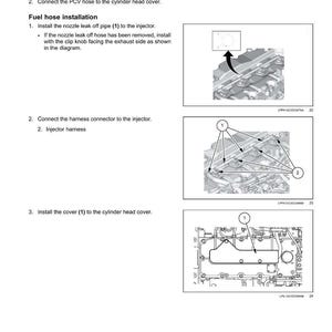 May include: Diagram of an engine fuel injection system, detailing cylinder head cover and fuel hose installation. Includes tightening torque specifications in lb ft and diagrams with numbered components for assembly.