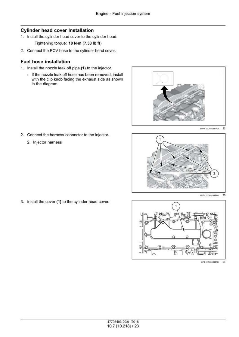 May include: Diagram of an engine fuel injection system, detailing cylinder head cover and fuel hose installation. Includes tightening torque specifications in lb ft and diagrams with numbered components for assembly.