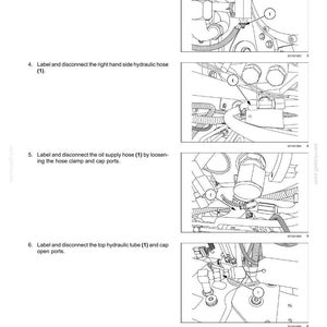 May include: Diagram of hydrostatic drive pump and motor components. Instructions include labeling and disconnecting hydraulic oil temperature sender, right-hand side hydraulic hose, oil supply hose, and top hydraulic tube. Includes measurements.