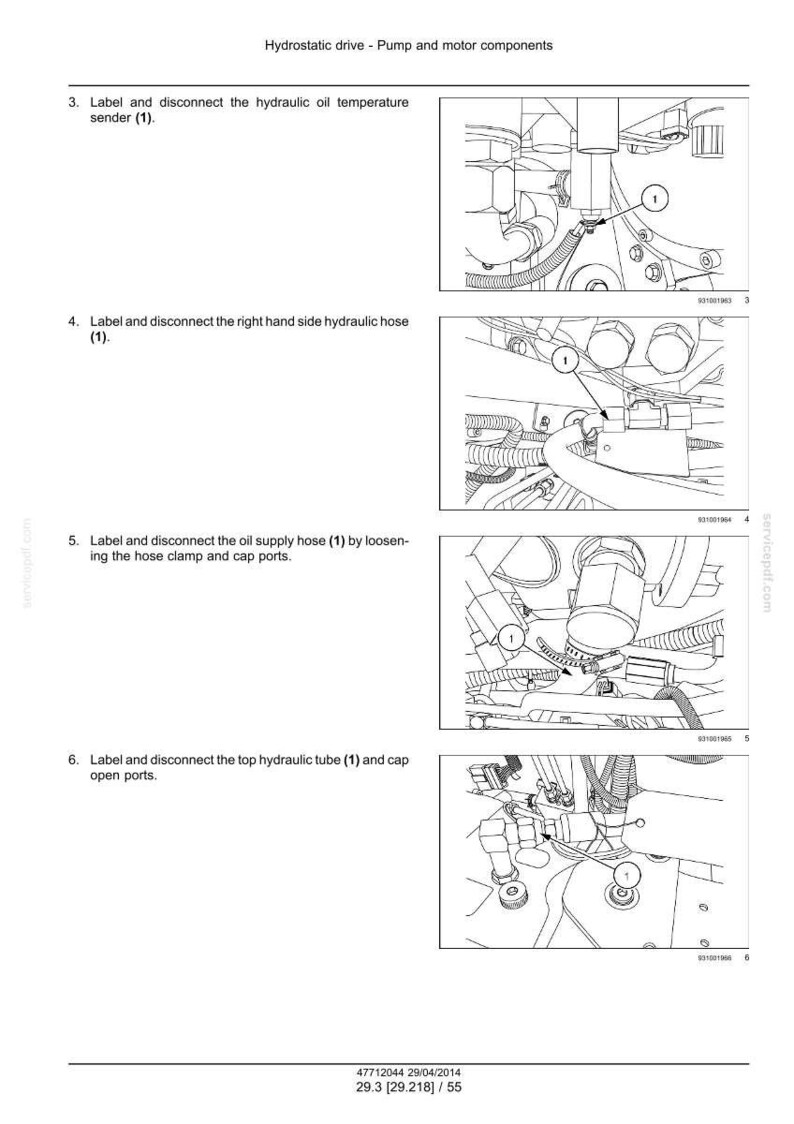 May include: Diagram of hydrostatic drive pump and motor components. Instructions include labeling and disconnecting hydraulic oil temperature sender, right-hand side hydraulic hose, oil supply hose, and top hydraulic tube. Includes measurements.