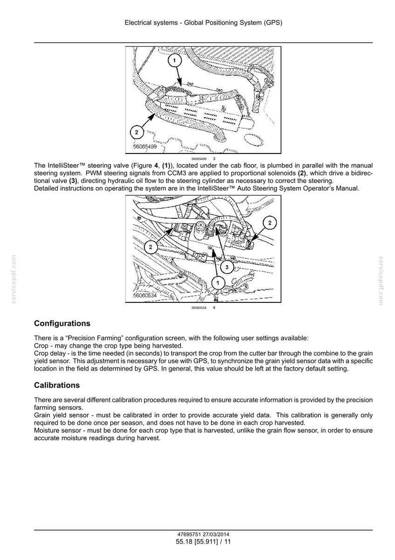 May include: Diagram of an electrical system with Global Positioning System (GPS) components. Includes labeled parts and text describing the IntelliSteer steering valve, configurations, and calibrations for precision farming.