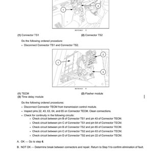 May include: Diagram of electrical system fault codes, including connectors TS1 and TS2, and modules TECM and Flasher. Instructions detail procedures for checking circuits and continuity.