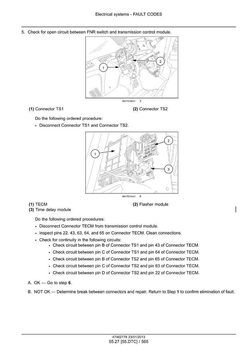 May include: Diagram of electrical system fault codes, including connectors TS1 and TS2, and modules TECM and Flasher. Instructions detail procedures for checking circuits and continuity.