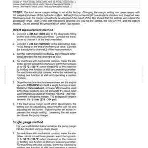 Puede incluir: Una p&aacute;gina del manual de instrucciones de servicio para una bomba de desplazamiento variable, que se centra en el ajuste del margen de detecci&oacute;n de carga. Los procedimientos incluyen la medici&oacute;n directa y los m&eacute;todos de un solo calibre. El rango aceptable es de 19-21 bar (276-304 psi).