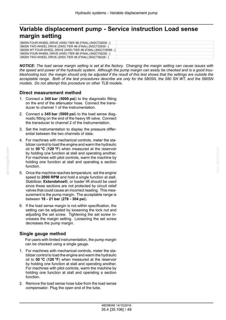 Puede incluir: Una p&aacute;gina del manual de instrucciones de servicio para una bomba de desplazamiento variable, que se centra en el ajuste del margen de detecci&oacute;n de carga. Los procedimientos incluyen la medici&oacute;n directa y los m&eacute;todos de un solo calibre. El rango aceptable es de 19-21 bar (276-304 psi).