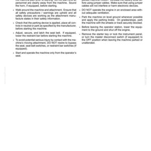 May include: A white document page titled 2-SAFETY INFORMATION containing black text instructions for starting and stopping machinery. The text outlines safety precautions, including checking parking brakes, seat belts, and ventilation.