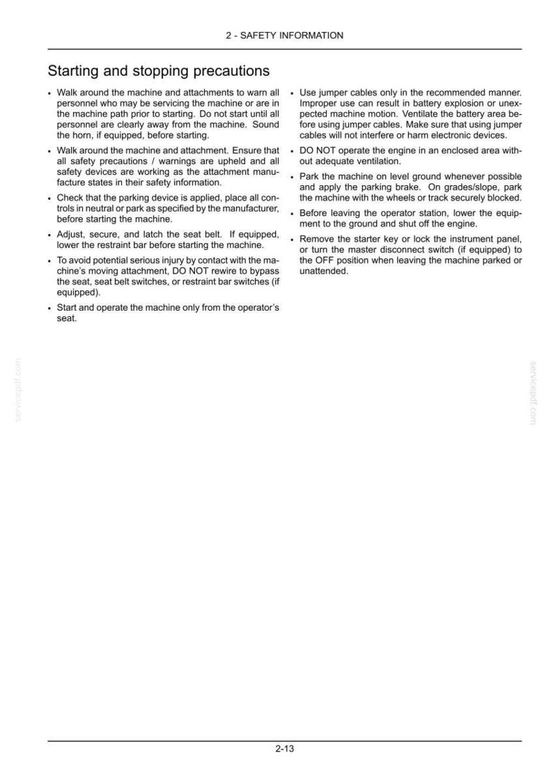 May include: A white document page titled 2-SAFETY INFORMATION containing black text instructions for starting and stopping machinery. The text outlines safety precautions, including checking parking brakes, seat belts, and ventilation.