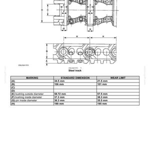 May include: Technical diagram of a steel track, labeled with dimensions and wear limits. The diagram includes detailed views of the track components, with measurements in millimeters. Text at the top reads "Steel track - Service limits".