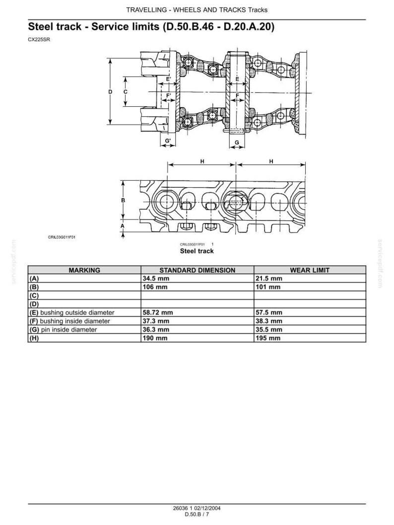May include: Technical diagram of a steel track, labeled with dimensions and wear limits. The diagram includes detailed views of the track components, with measurements in millimeters. Text at the top reads "Steel track - Service limits".
