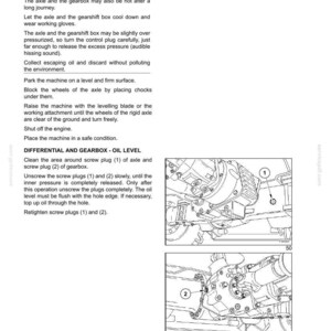 May include: Diagram from a manual showing the rigid axle and gearbox oil level check. Includes instructions and illustrations of the axle, gearbox, and screw plugs. Text includes warnings and steps for maintenance.
