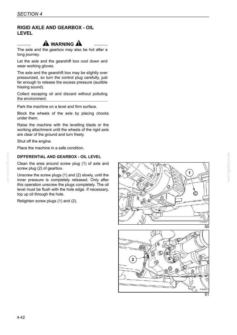 May include: Diagram from a manual showing the rigid axle and gearbox oil level check. Includes instructions and illustrations of the axle, gearbox, and screw plugs. Text includes warnings and steps for maintenance.