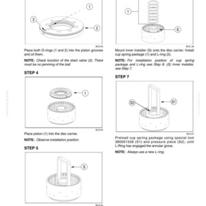 Peut inclure: Une fiche d'instructions techniques num&eacute;rot&eacute;e 6003-45 d&eacute;taillant les &eacute;tapes d'assemblage m&eacute;canique 3 &agrave; 7. Le document pr&eacute;sente des dessins au trait en noir et blanc d'un porte-disque, d'un piston, de joints toriques et de l'outil sp&eacute;cial 380001556.