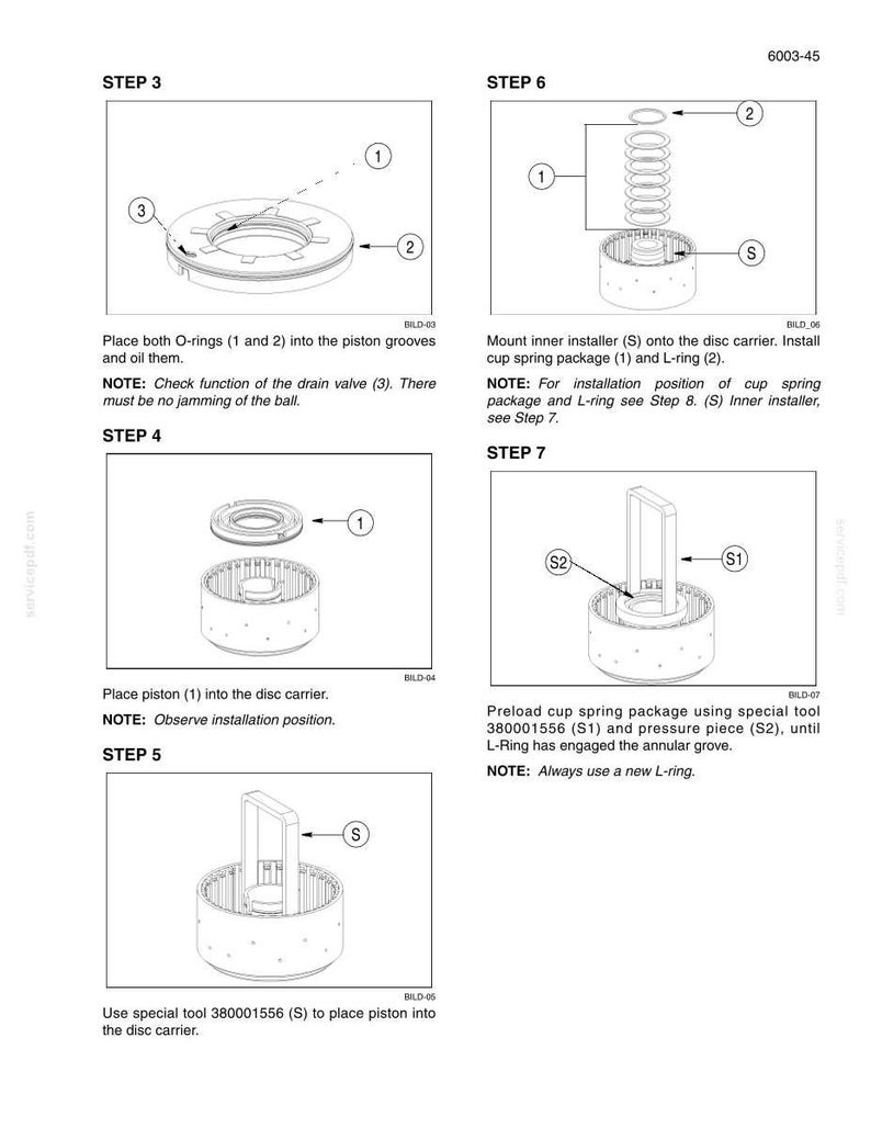 Peut inclure: Une fiche d'instructions techniques num&eacute;rot&eacute;e 6003-45 d&eacute;taillant les &eacute;tapes d'assemblage m&eacute;canique 3 &agrave; 7. Le document pr&eacute;sente des dessins au trait en noir et blanc d'un porte-disque, d'un piston, de joints toriques et de l'outil sp&eacute;cial 380001556.