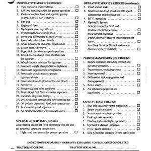 May include: A black and white document titled PRE-DELIVERY SERVICE containing a detailed checklist for tractor maintenance. It includes sections for inoperative and operative service checks, performance service checks, and safety items with checkboxes.