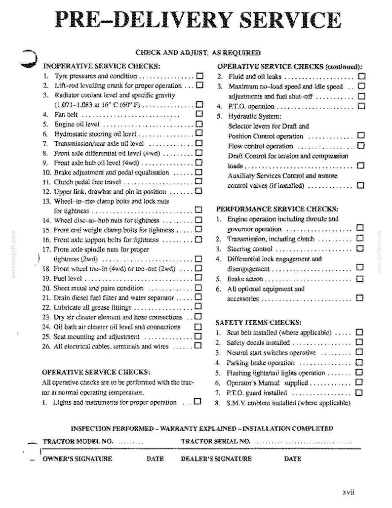 May include: A black and white document titled PRE-DELIVERY SERVICE containing a detailed checklist for tractor maintenance. It includes sections for inoperative and operative service checks, performance service checks, and safety items with checkboxes.