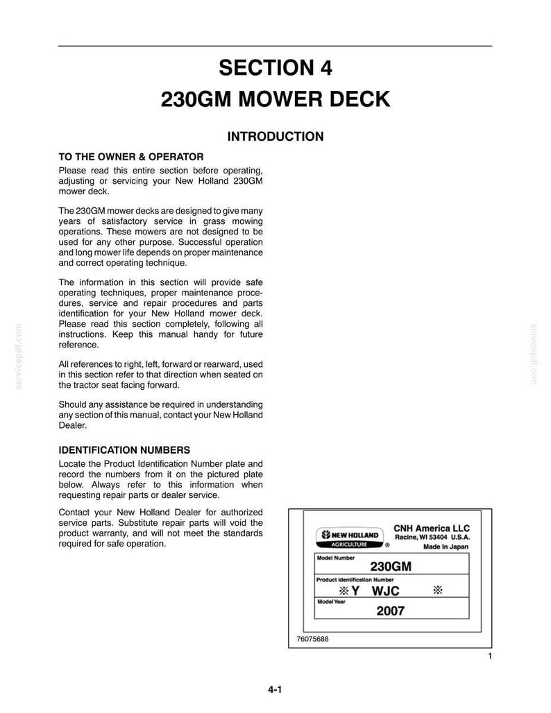 Puede incluir: Una p&aacute;gina de manual t&eacute;cnico titulada SECTION 4 230GM MOWER DECK, que contiene una introducci&oacute;n para propietarios y operadores de equipos New Holland. Incluye instrucciones de mantenimiento y un diagrama de una placa de identificaci&oacute;n para un modelo 2007.