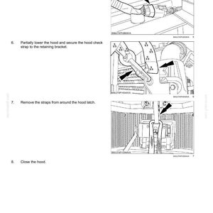 May include: A technical manual page titled FRAME AND CAB - SHIELD containing four black and white line drawings. The diagrams illustrate steps for connecting a hood wiring harness, securing a hood check strap, and removing straps from a hood latch.