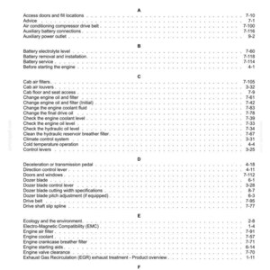 Peut inclure: Page d'index d'un manuel, r&eacute;pertoriant divers sujets avec des num&eacute;ros de page. Les sujets incluent l'entretien du moteur, les commandes et les caract&eacute;ristiques de s&eacute;curit&eacute;. Le texte est noir sur fond blanc.